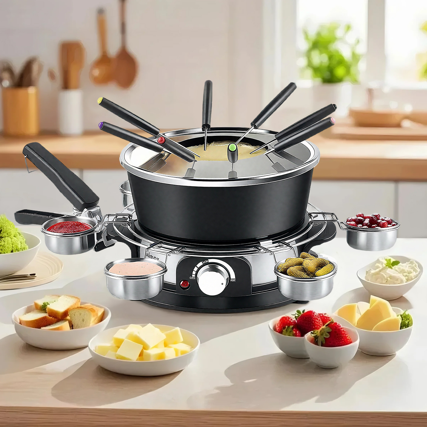 CUSIMAX 1300W Electric Fondue Set – 2L Non-Stick Pot with Temperature Knob, Includes 8 Forks, 6 Cups & Removable Anti-Scald Handle – Perfect for Cheese, Chocolate & Broth（DE）
