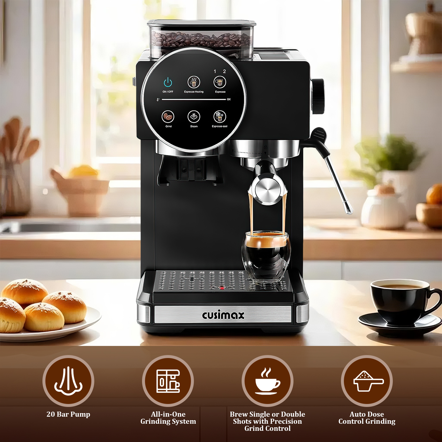 CUSIMAX Professional Espresso Machine for Home Barista – 20 Bar Pressure, Milk Frother, Compact Design – Café Quality Espresso, Latte & Cappuccino Maker (15 Bar US Standard) 