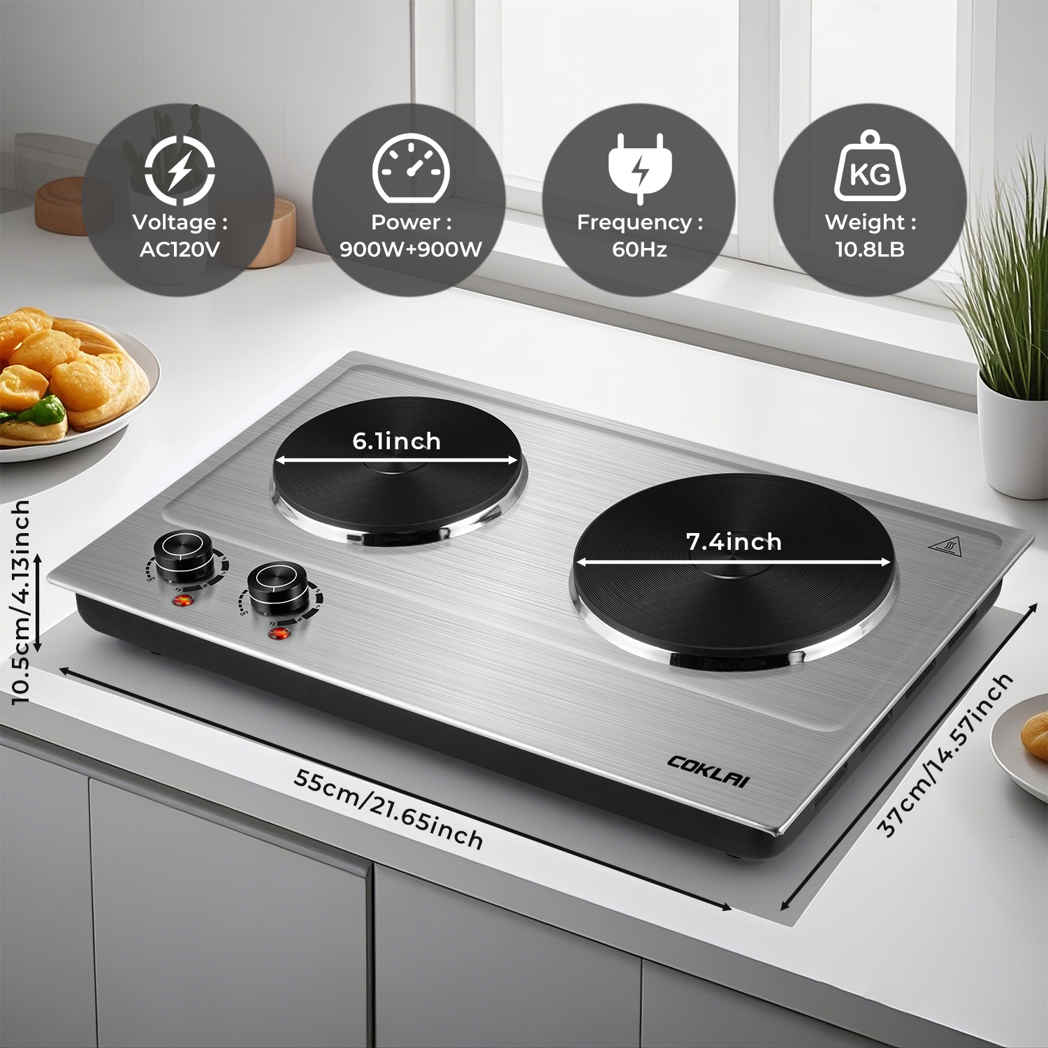 SP Coklai 1800W Portable Double Burner Hot Plate – Stainless Steel Countertop Electric Cooktop with Dual Cast Iron Heating Plates, Easy-to-Clean Silver Design, 2026 Version