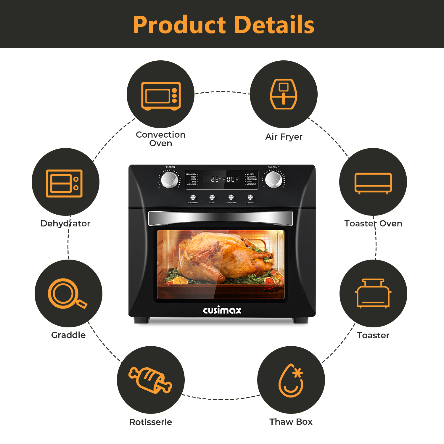 Cusimax Air Fryer Oven Countertop, 10-in-1 Convection Oven, 24QT Combo Countertop Toaster Oven with Rotisserie & Dehydrator, Rich Accessories, Silver