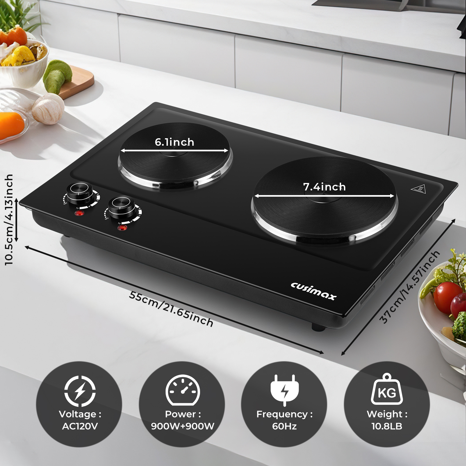 Cusimax 1800W Portable Double Hot Plate,Stainless Steel Countertop Cooktop,Cast Iron Electric Double Burner,Easy To Clean