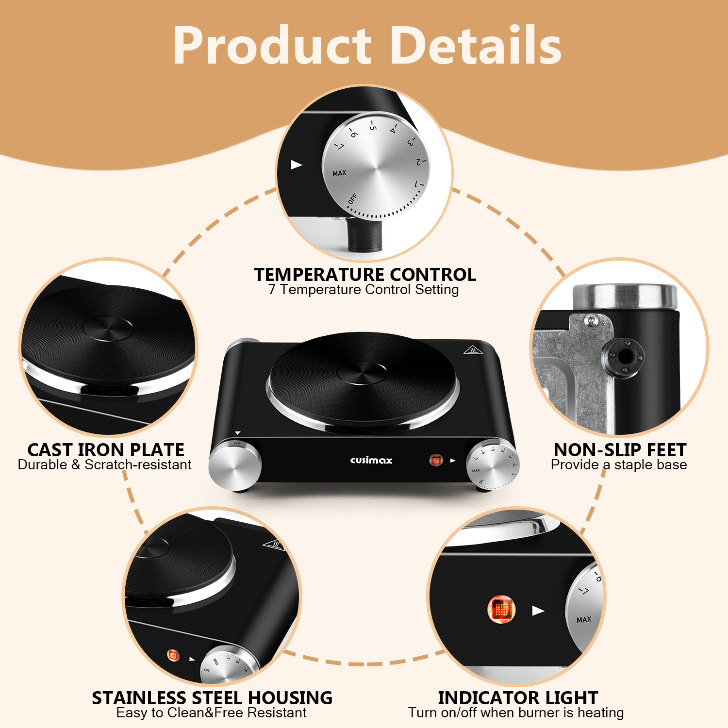 Cusimax Electric Hot Plate For Cooking,1500W Stainless Steel Single Burner With Temperature Control,For All Cookware,Great For RV/Home/Camping