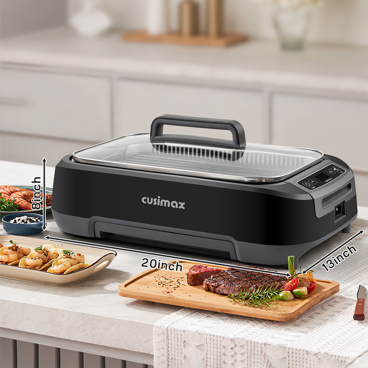 Cusimax 1500W Smokeless Indoor Grill with LED Smart Display & Non-stick Removable Grill Plate,Tempered Glass Lid,Turbo Smoke Extractor,212℉ to 446℉