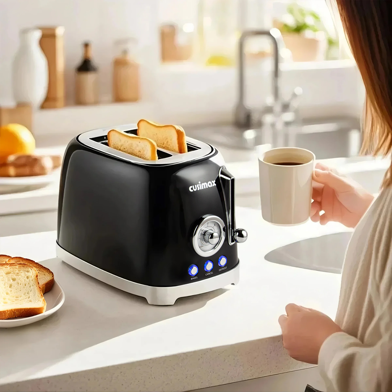 Cusimax Retro Toaster 2 Slice with Extra Wide Slots for Bagels and Waffles, 6 Toast Settings and 4 Functions, Bagel, Cancel, Defrost & Reheat, Removable Crumb Tray