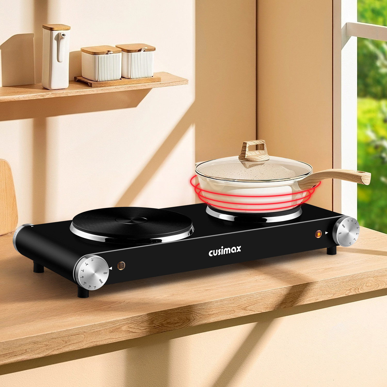 Cusimax 1800W Stainless Steel Electric Hot Plate Double Burner For Cooking,Cast Iron Countertop Cooktop With Temperature Control,Portable Electric Stove,Compatible for All Cookwares