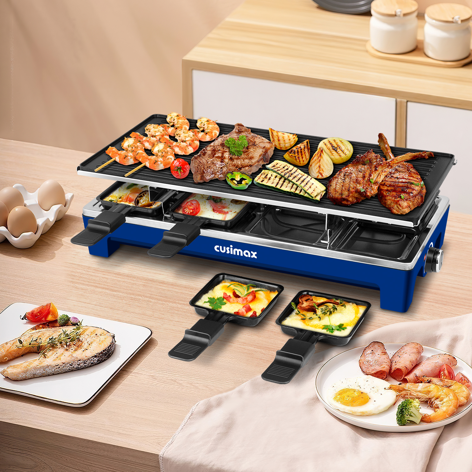 Cusimax 2 in 1 Electric Raclette Grill,Indoor Portable Electric BBQ Grill,Reversible Non-stick plate,Crepe Maker with Adjustable temperature control and 8 Paddles,Easy To Clean
