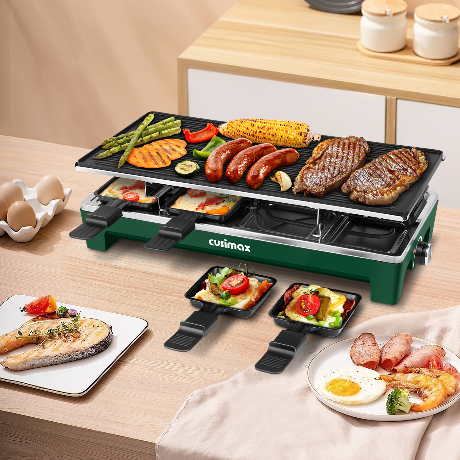 Cusimax 2 in 1 Electric Raclette Grill,Indoor Portable Electric BBQ Grill,Reversible Non-stick plate,Crepe Maker with Adjustable temperature control and 8 Paddles,Easy To Clean