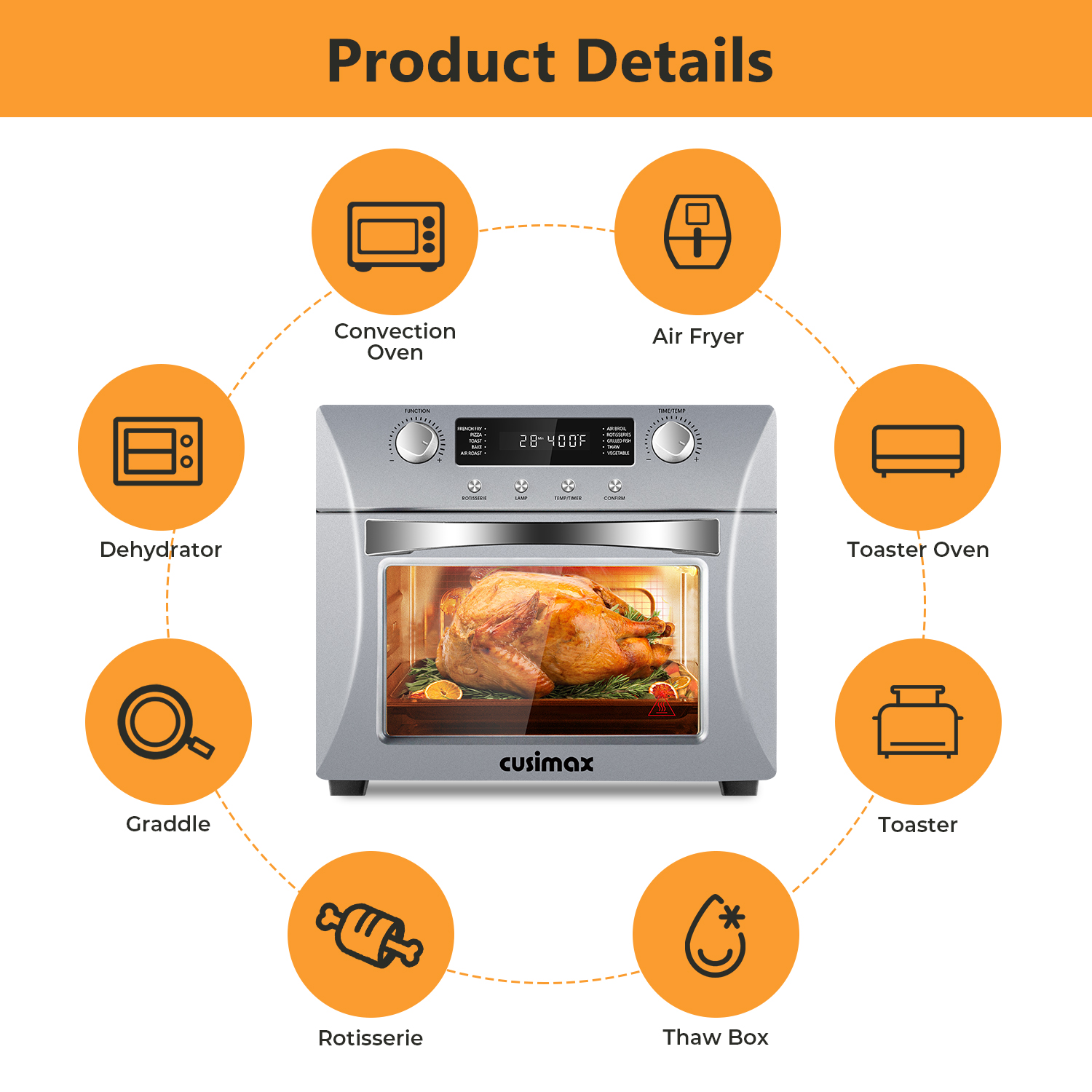 Cusimax Air Fryer Oven Countertop, 10-in-1 Convection Oven, 24QT Combo Countertop Toaster Oven with Rotisserie & Dehydrator, Rich Accessories, Silver
