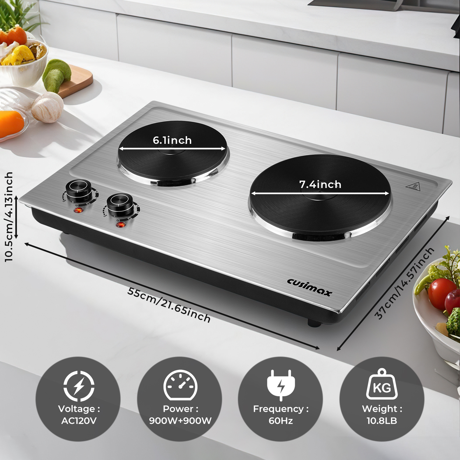 Cusimax 1800W Portable Double Hot Plate,Stainless Steel Countertop Cooktop,Cast Iron Electric Double Burner,Easy To Clean