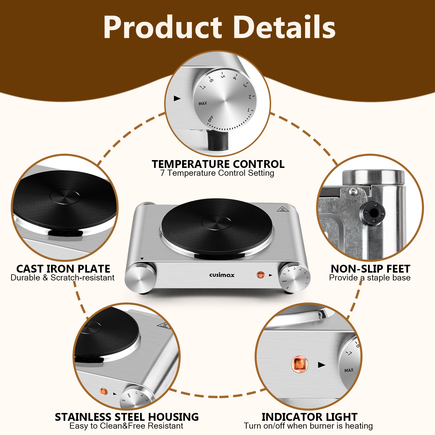 Cusimax Electric Hot Plate For Cooking,1500W Stainless Steel Single Burner With Temperature Control,For All Cookware,Great For RV/Home/Camping
