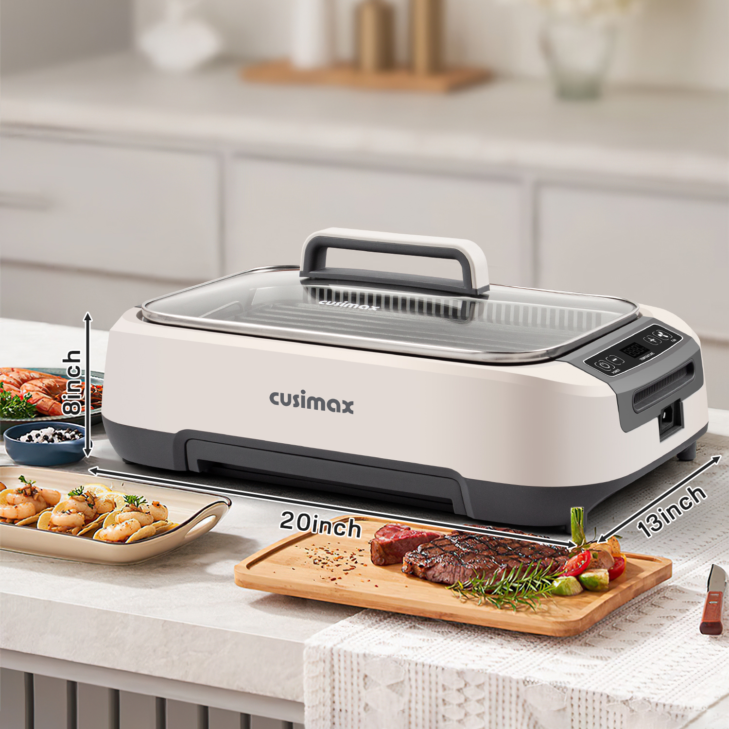 Cusimax 1500W Smokeless Indoor Grill with LED Smart Display & Non-stick Removable Grill Plate,Tempered Glass Lid,Turbo Smoke Extractor,212℉ to 446℉