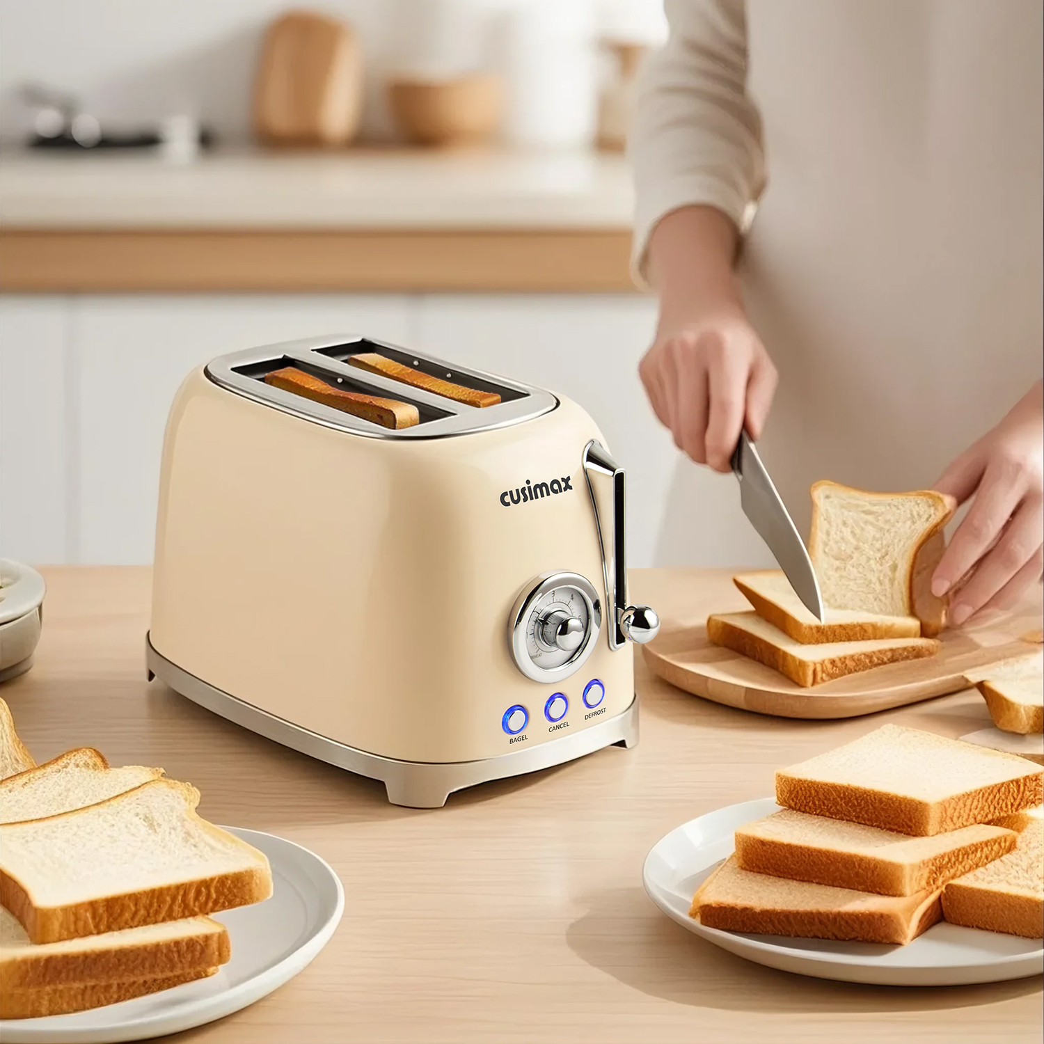 Cusimax Retro Toaster 2 Slice with Extra Wide Slots for Bagels and Waffles, 6 Toast Settings and 4 Functions, Bagel, Cancel, Defrost & Reheat, Removable Crumb Tray