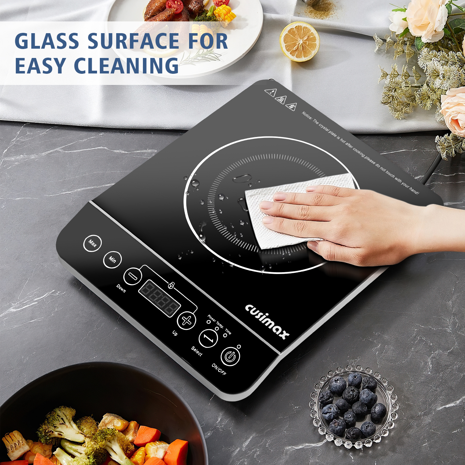 Cusimax Portable Induction Cooktop,Induction Hot Plate With Sensor Touch,10 Temperature and 9 Power Setting, Kids Safety Lock for Cast Iron, Stainless Steel Cookware