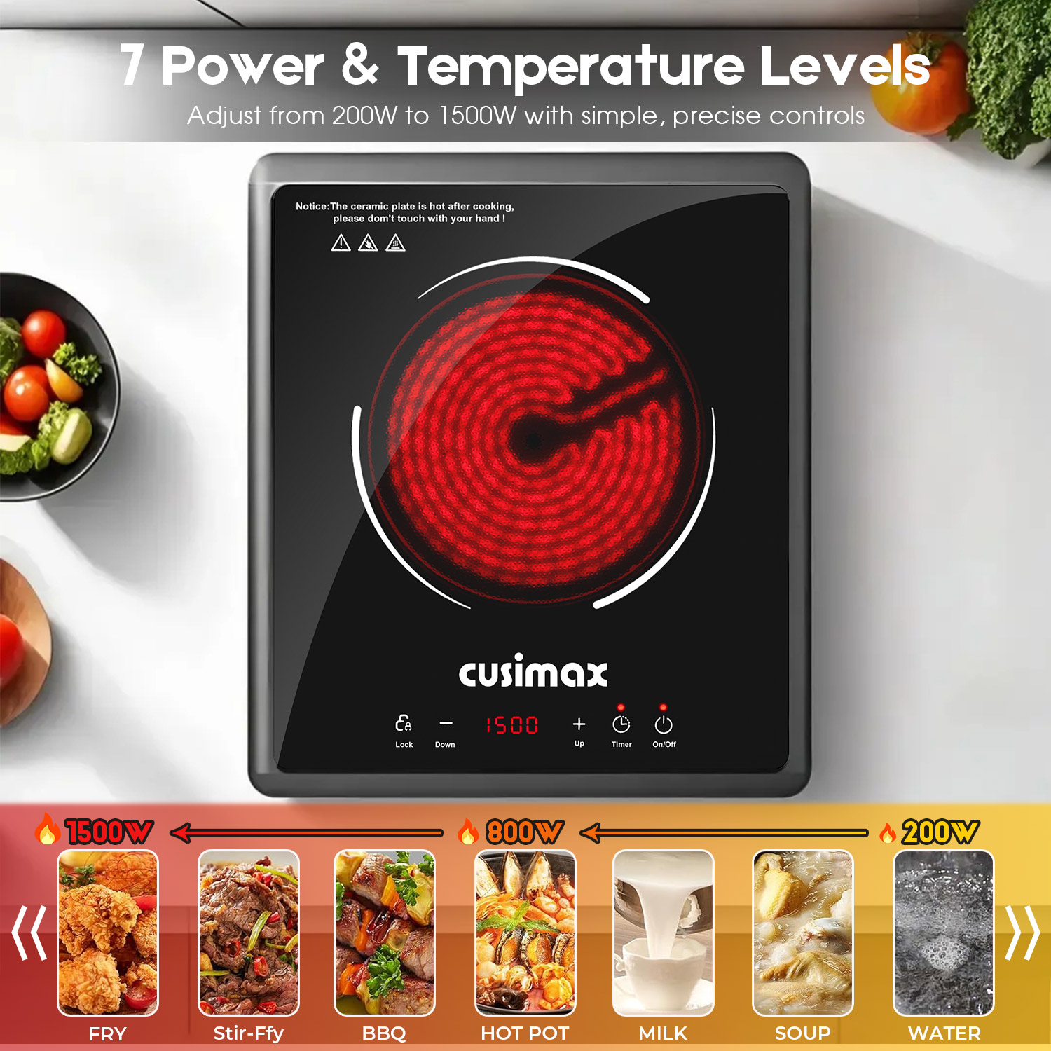 CUSIMAX 1500W Hot Plate, Portable Infrared Electric Stove For Home With 7 Speed,Ceramic Countertop Stove Sensor Touch,Kids Safety Lock And Timer,Compatible For All Cookwares