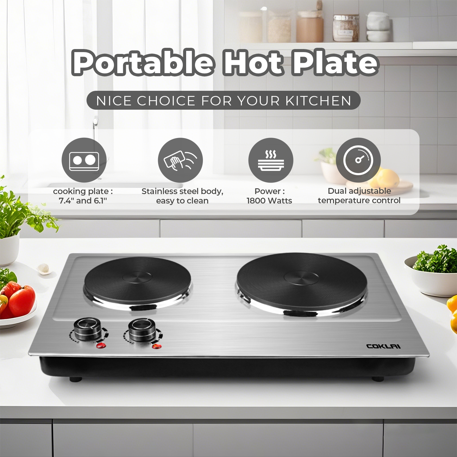 SP Coklai 1800W Portable Double Burner Hot Plate – Stainless Steel Countertop Electric Cooktop with Dual Cast Iron Heating Plates, Easy-to-Clean Silver Design, 2026 Version