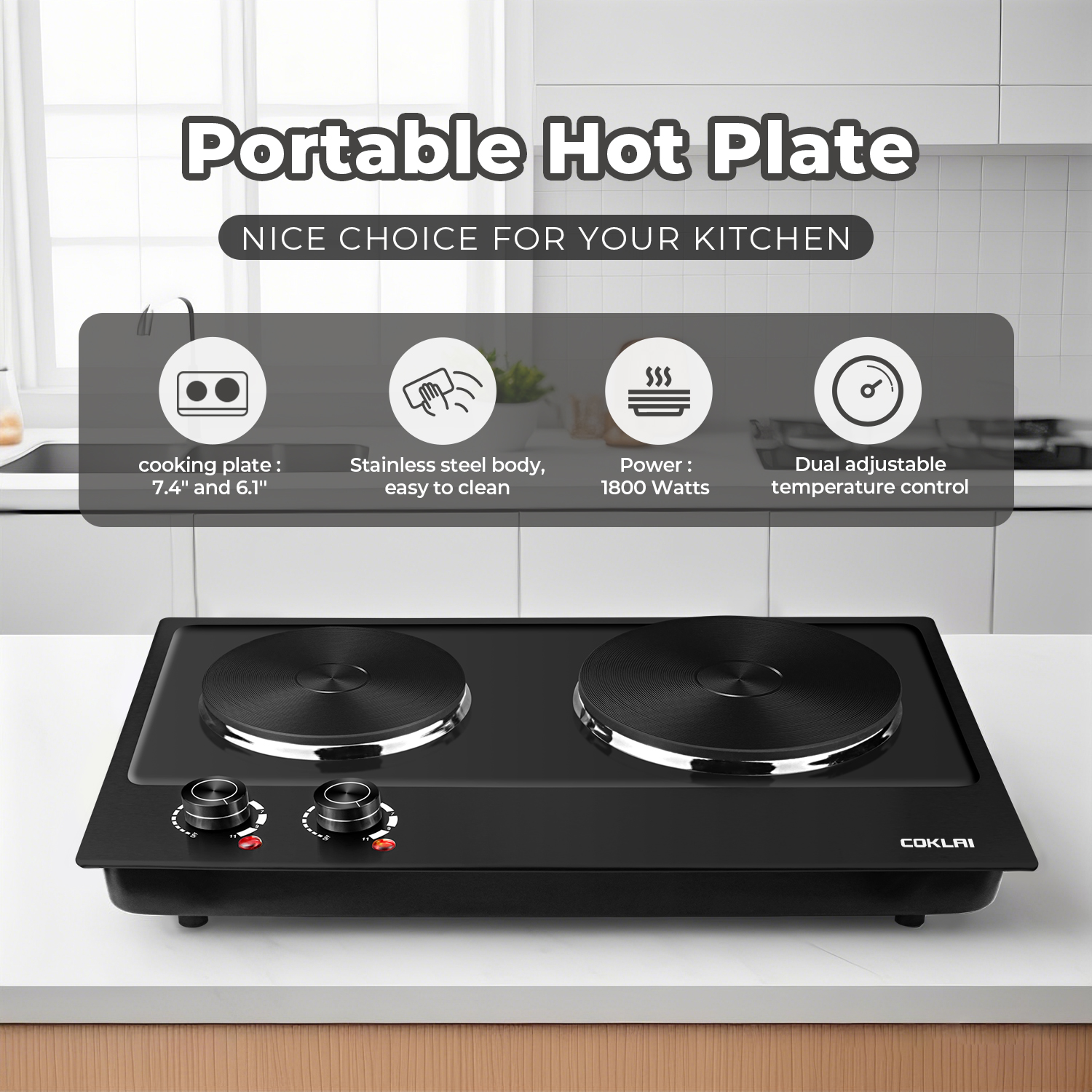SP Coklai 1800W Portable Double Burner Hot Plate, Stainless Steel Countertop Electric Cooktop, Easy-to-Clean Silver Design, 2026 Version 24-month warranty