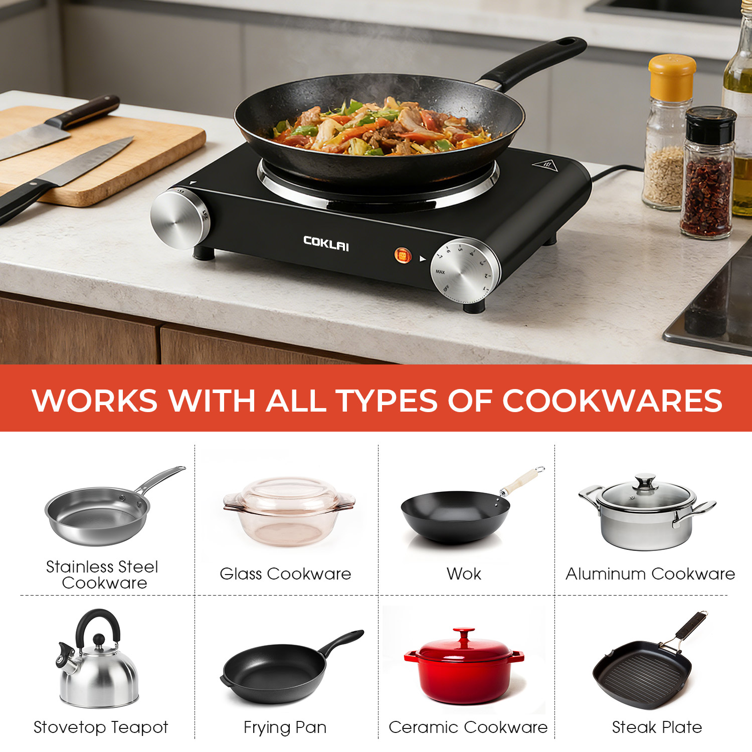 SP Coklai 1500W Electric Hot Plate for Cooking Portable Single Burner Heat-up in Seconds Adjustable Temperature Control Stainless Steel Black, 2026 Version