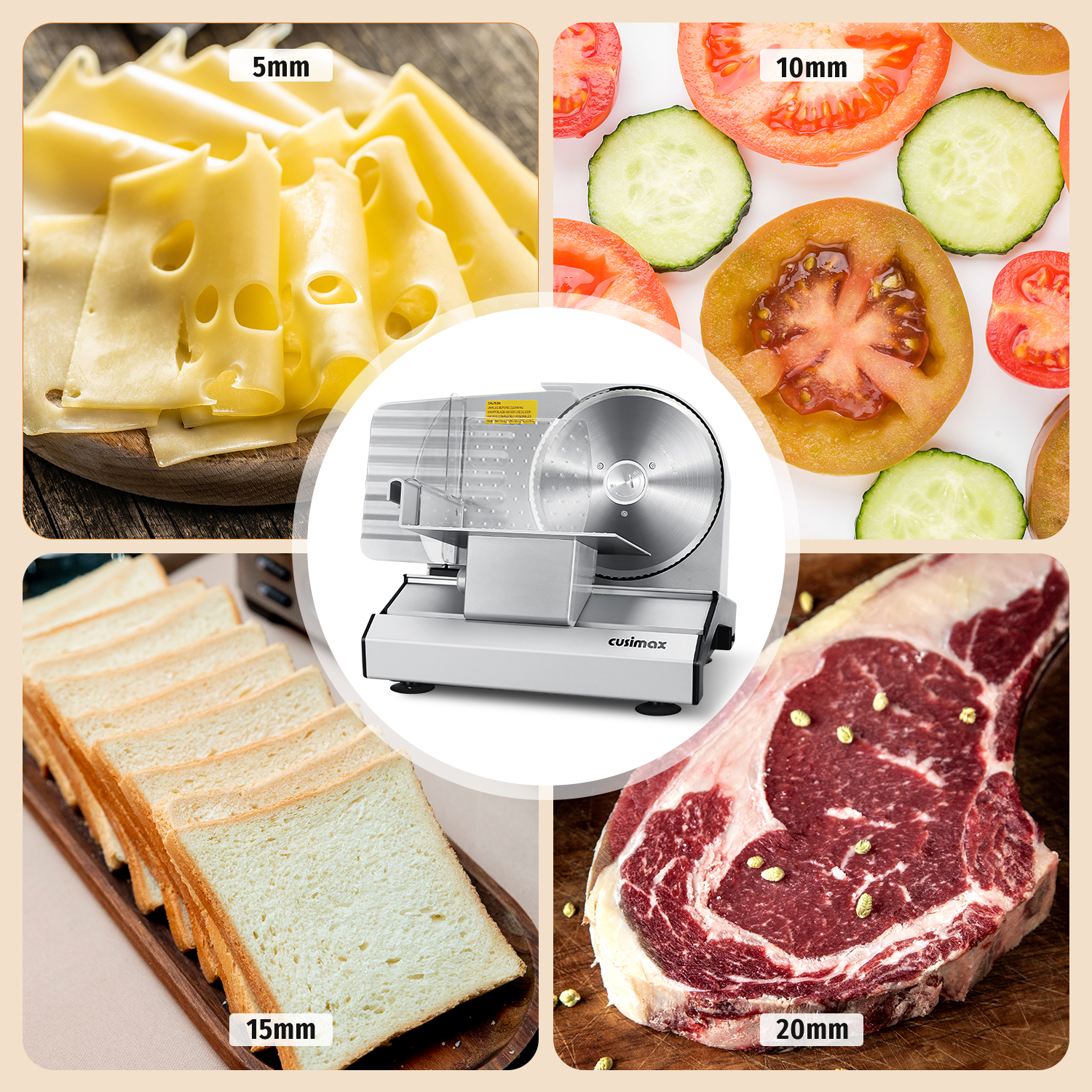 Cusimax Electric Deli Meat Cheese Food Slicer with Removable Food Carriage,2 Removable 7.5''Stainless Steel Blades,1-20mm Adjustable Thickness Meat Slicer for Home,Cut Meat,Cheese,Bread