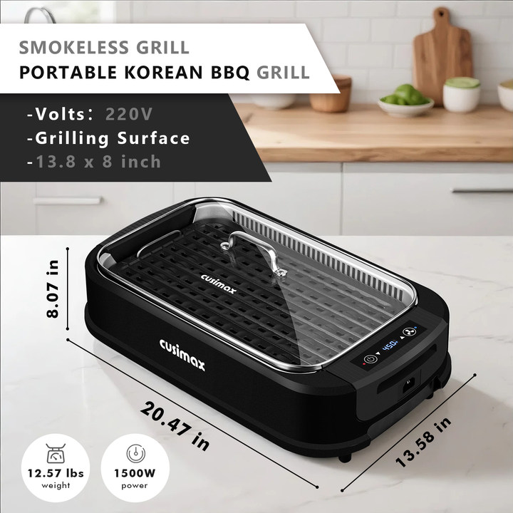 Cusimax Smokeless Indoor Grill Portable Electric Grill with Turbo Smoke Extractor Technology, Nonstick Removable Grill Pan, Glass Lid, 1500 Watts, Great for Homes and Party