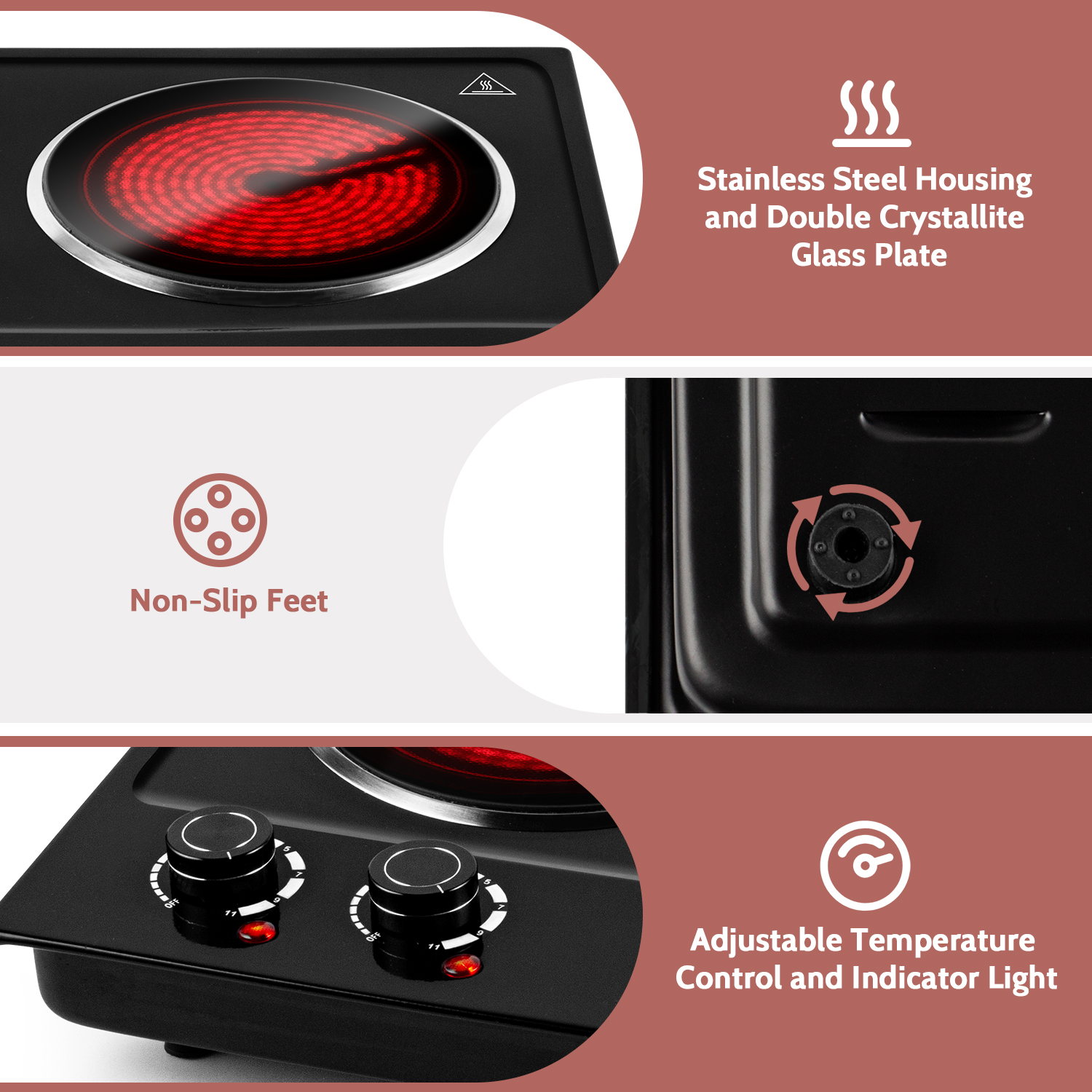 Cusimax 1800W Infrared Ceramic Electric Hot Plate for Cooking, Portable Countertop Burner Glass Heating Plate with 2 Knob Control,Stainless Steel Electric Stove,Easy To Clean,Upgraded Version