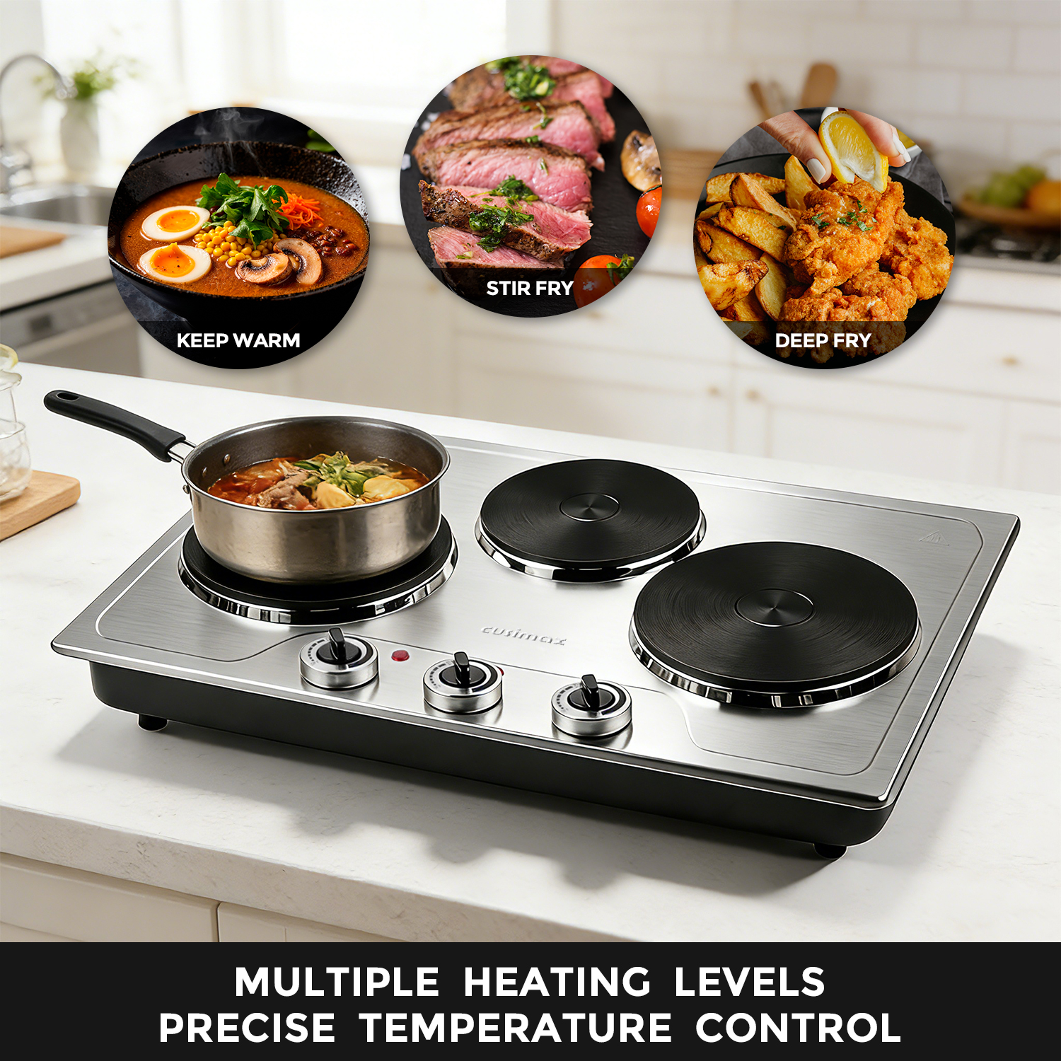 CUSIMAX 1800W Triple Burner Electric Hot Plate, Portable Stainless Steel Cooktop with 3 Independent Temperature Controls, Built-In or Countertop Electric Stove, Compatible with All Cookware