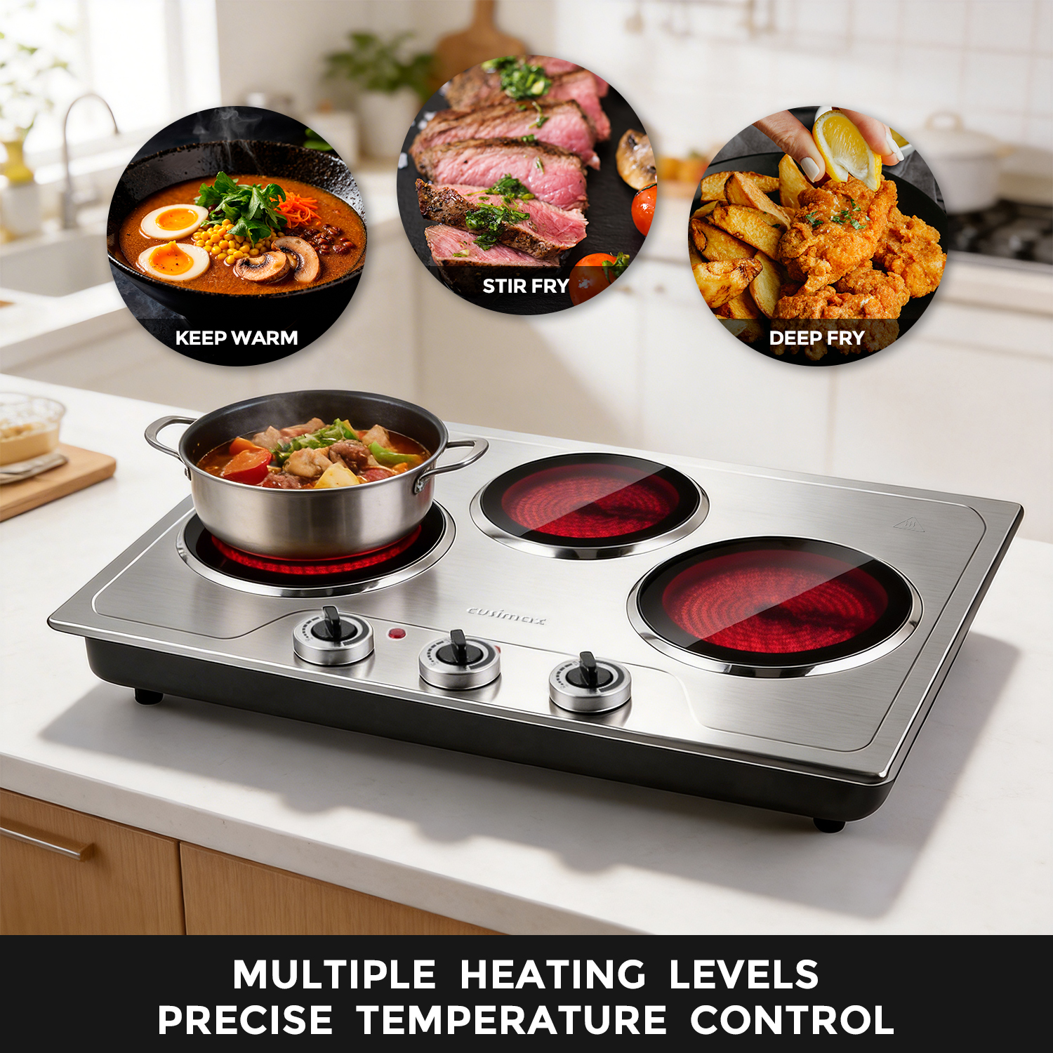 CUSIMAX 1800W Triple Infrared Electric Hot Plate, Portable Cooktop with 3 Independent Temperature Controls, Simultaneous Cooking for 3 Dishes, Compatible with All Cookware, Stainless Steel, Easy to Clean