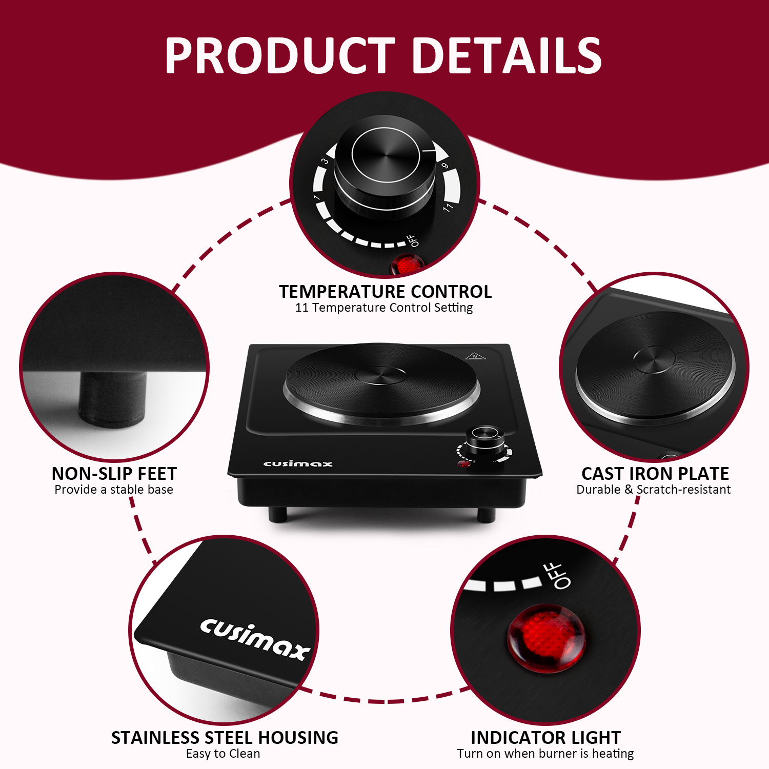 CUSIMAX 1500W Electric Hot Plate – Portable Single Burner with Stainless Steel Surface, Easy-to-Clean Design – Ideal for Countertop Cooking, Indoor & Outdoor Use