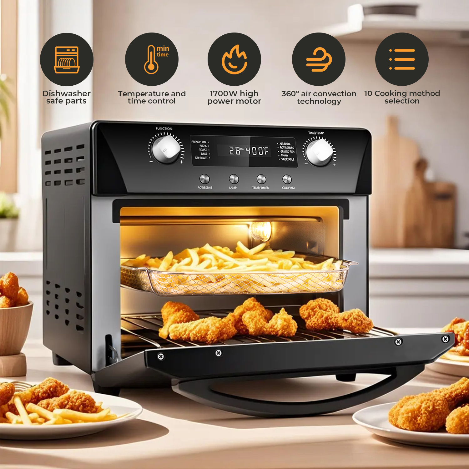 Cusimax Air Fryer Oven Countertop, 10-in-1 Convection Oven, 24QT Combo Countertop Toaster Oven with Rotisserie & Dehydrator, Rich Accessories, Silver