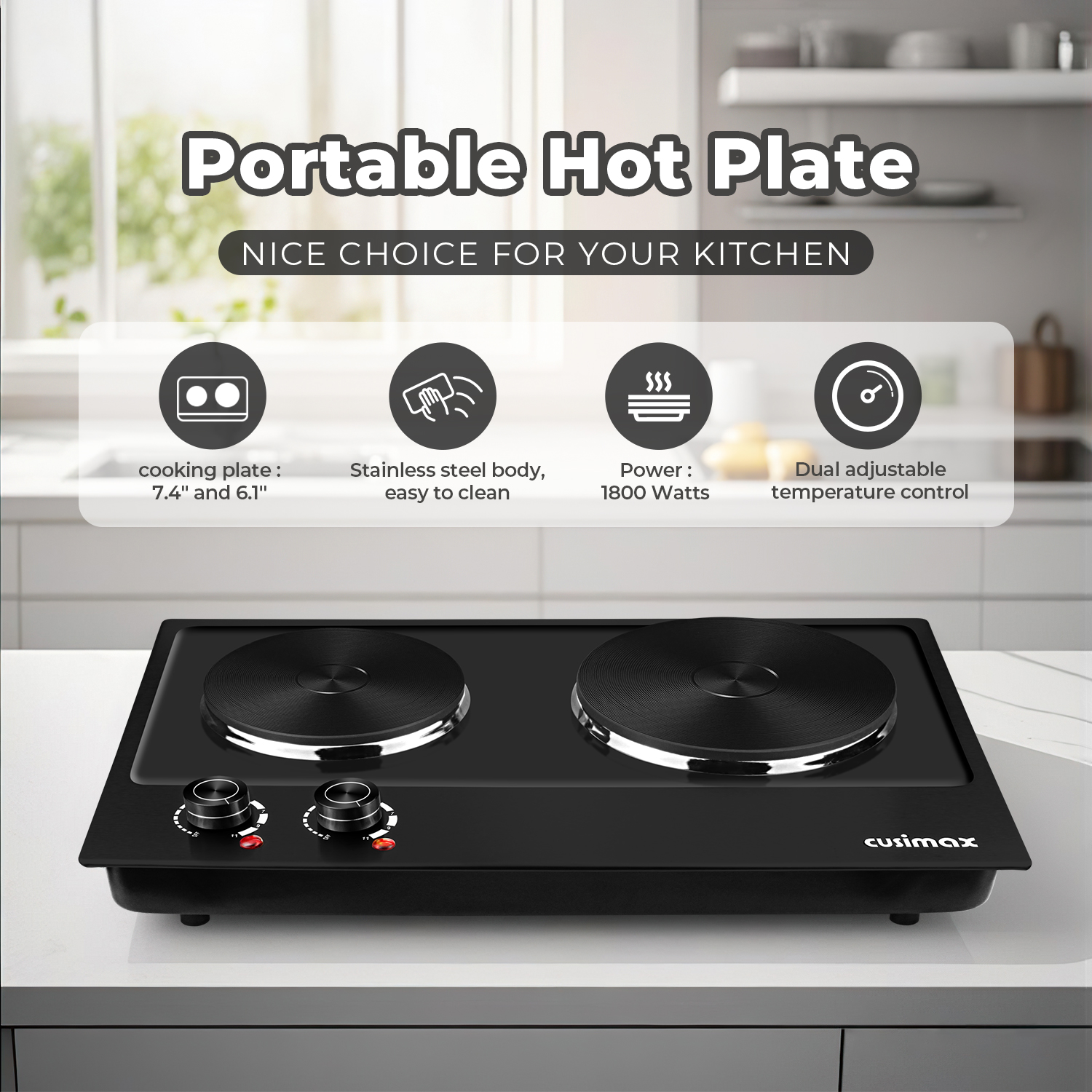 Cusimax 1800W Portable Double Hot Plate,Stainless Steel Countertop Cooktop,Cast Iron Electric Double Burner,Easy To Clean
