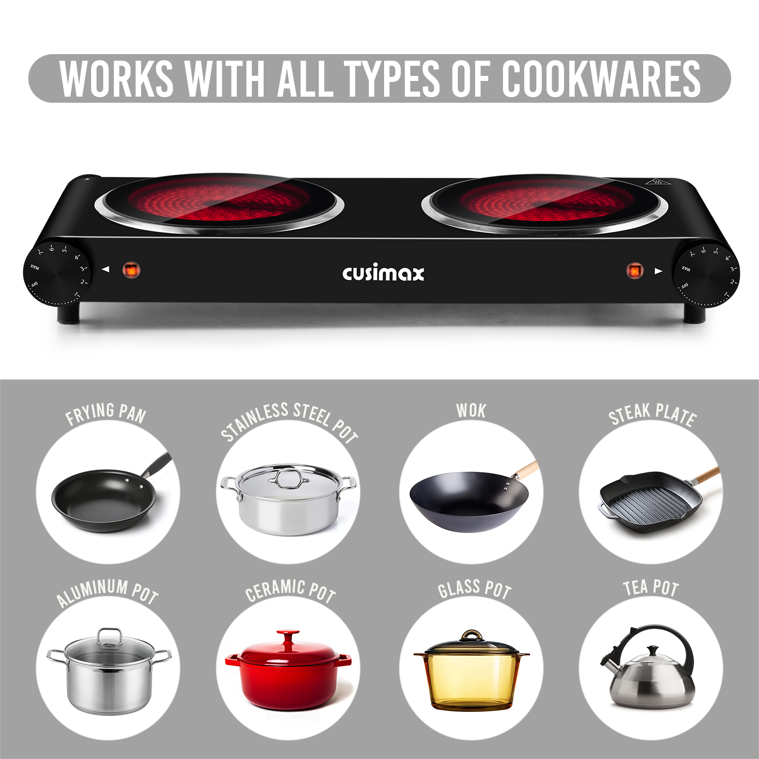 Cusimax Portable 2-Burner 7.1 in. Electric Hot Plate,1800W Glass Dual Countertop Electric Cooktop,Dual Control Stainless Steel Infrared Electric Stove,Compact Stove For Home Dorm Office