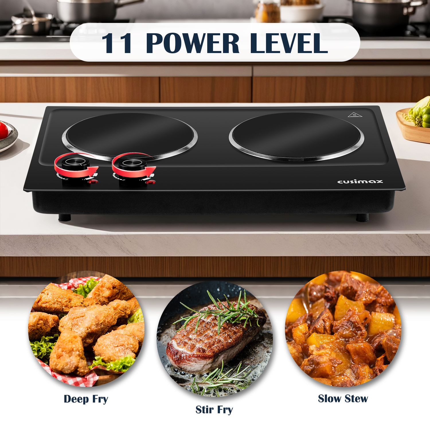 Cusimax 2400W Dual Burner - Portable Infrared Electric Hot Plate, Fast Heating Ceramic Cooktop with Dual Temperature Control, Compact Design for Versatile Cooking, Sleek Black Finish (UK)