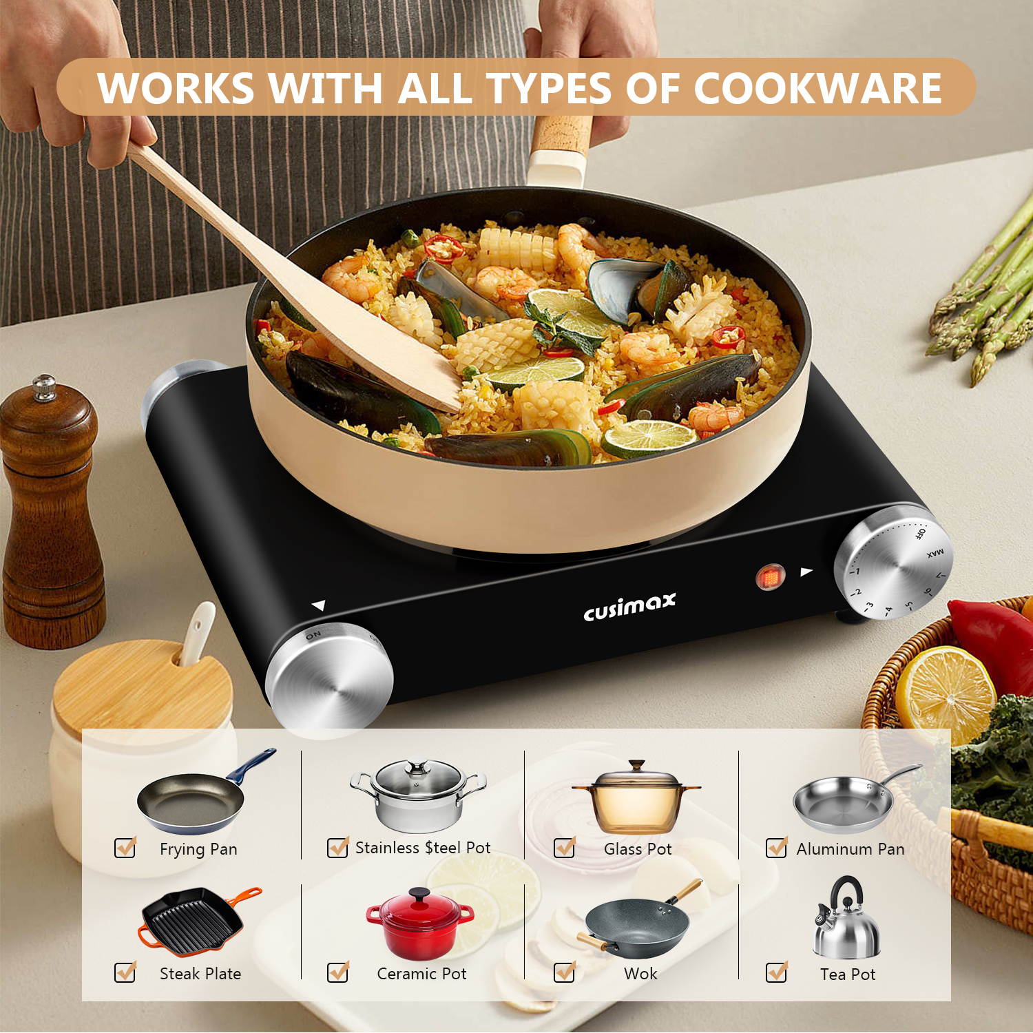 Cusimax Electric Hot Plate For Cooking,1500W Stainless Steel Single Burner With Temperature Control,For All Cookware,Great For RV/Home/Camping