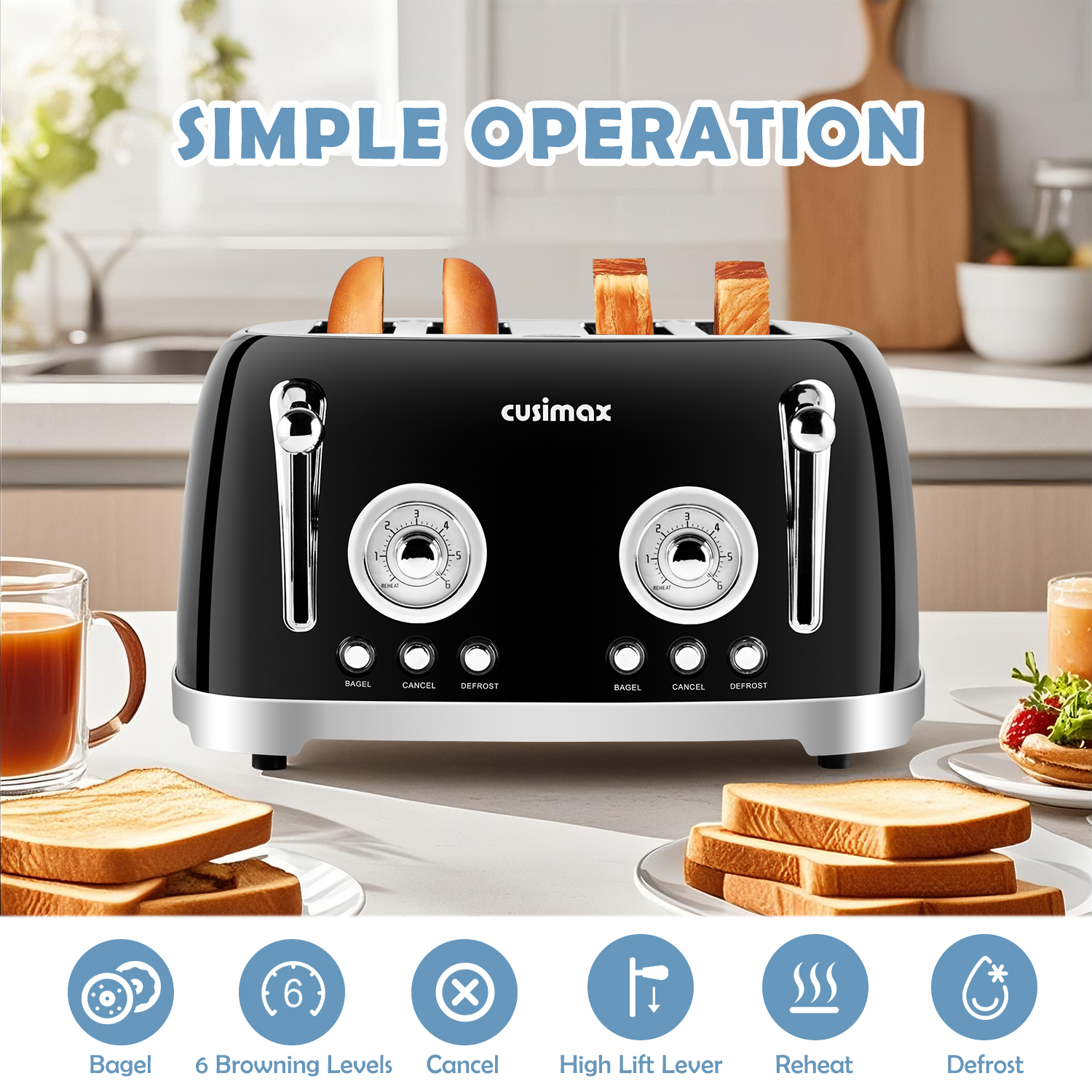Cusimax Retro Toaster 4 Slice with Extra Wide Slots for Bagels and Waffles,6 Browning Levels and 4 Functions,Stainless Steel Toaster with Auto Shut-off and Cancel Button,Removable Crumb Tray