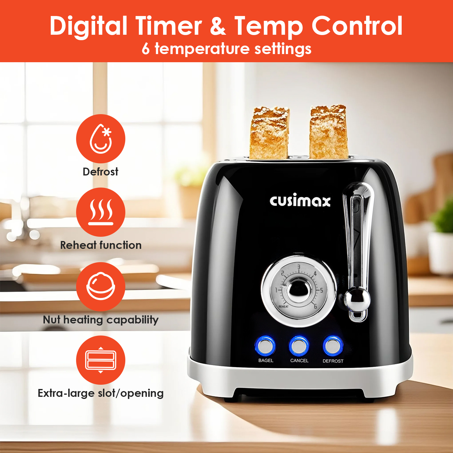 Cusimax Retro Toaster 2 Slice with Extra Wide Slots for Bagels and Waffles, 6 Toast Settings and 4 Functions, Bagel, Cancel, Defrost & Reheat, Removable Crumb Tray