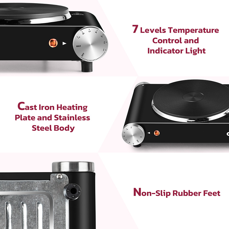 CUSIMAX Double Hot Plate, 2500W Portable Electric Burner – Dual Cast Iron Rings for Even Heating, Compatible with All Cookware, Efficient Heating for Faster Cooking, Tabletop Electric Hob for Home, Office, or Camping, Sleek Black Design(UK)