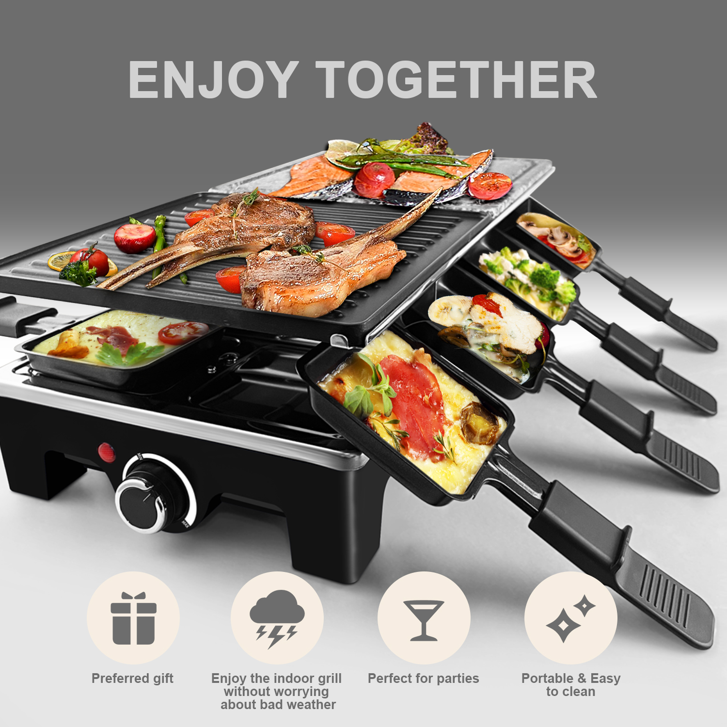 CUSIMAX Raclette Grill Electric Grill Table, Portable 2 in 1 Korean BBQ  Grill Indoor & Cheese Ractlette, Reversible Non-stick plate, Crepe Maker  with Adjustable temperature control and 8 Paddles 