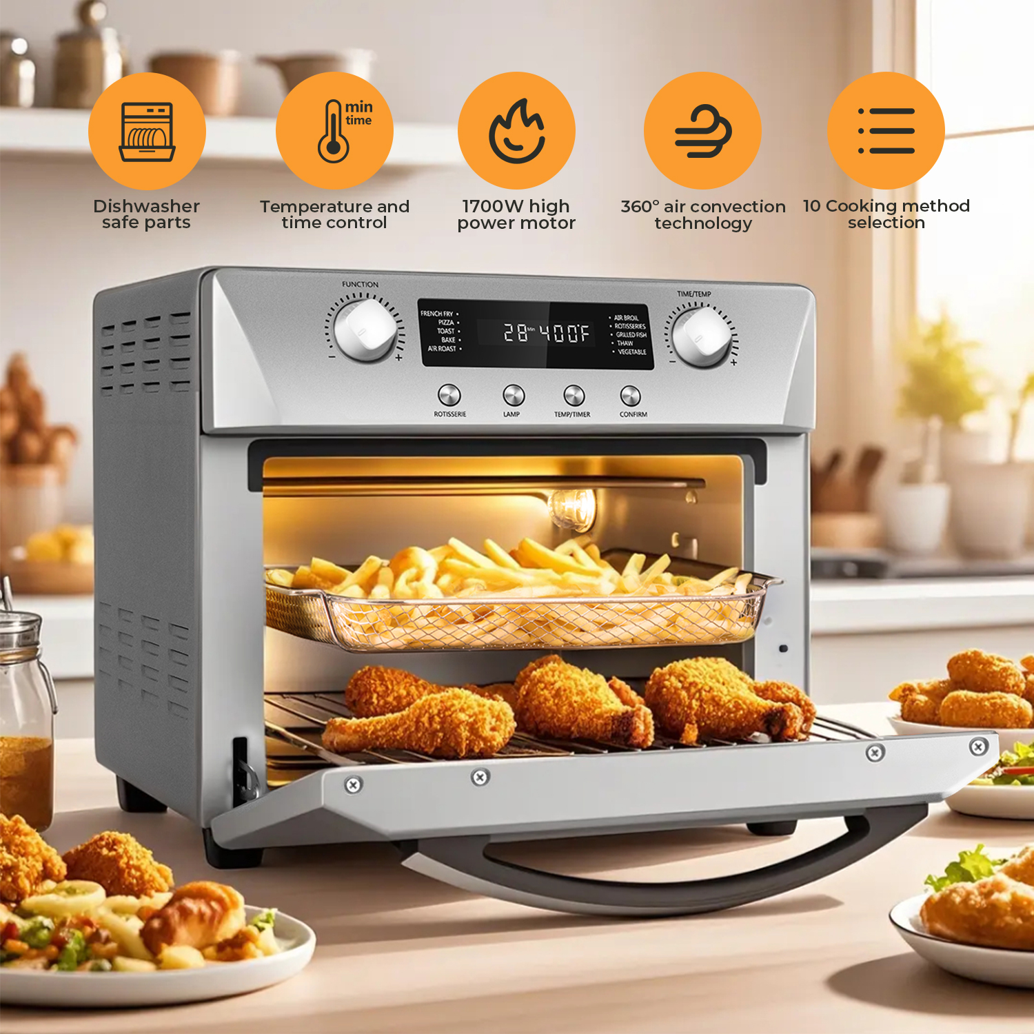 Cusimax Air Fryer Oven Countertop, 10-in-1 Convection Oven, 24QT Combo Countertop Toaster Oven with Rotisserie & Dehydrator, Rich Accessories, Silver