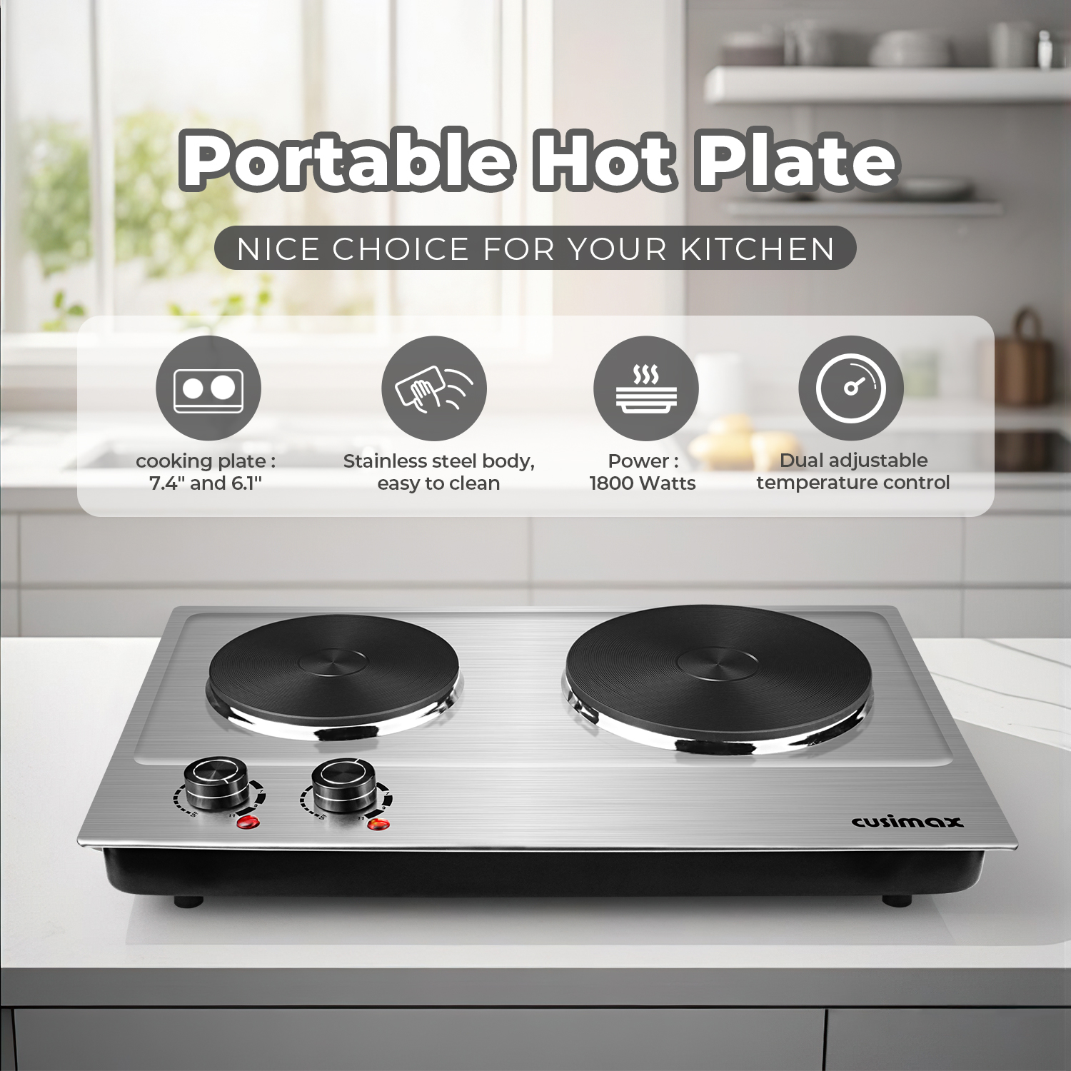 Cusimax 1800W Portable Double Hot Plate,Stainless Steel Countertop Cooktop,Cast Iron Electric Double Burner,Easy To Clean