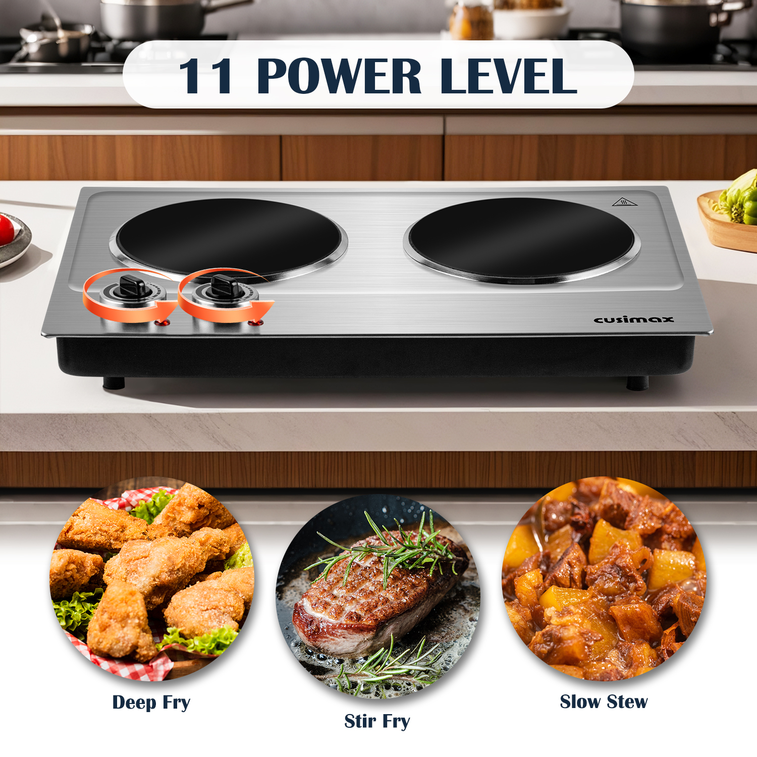 Cusimax 2400W Double Burner - Portable Electric Ceramic Hot Plate with Infrared Heating, Dual Temperature Control, Fast Heat-Up, Sleek Silver Design(UK)
