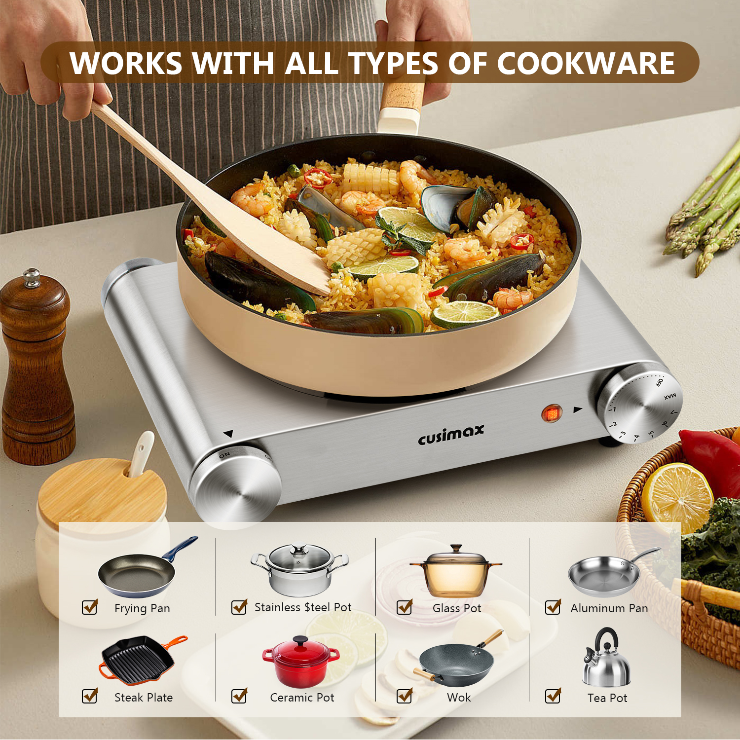 Cusimax Electric Hot Plate For Cooking,1500W Stainless Steel Single Burner With Temperature Control,For All Cookware,Great For RV/Home/Camping