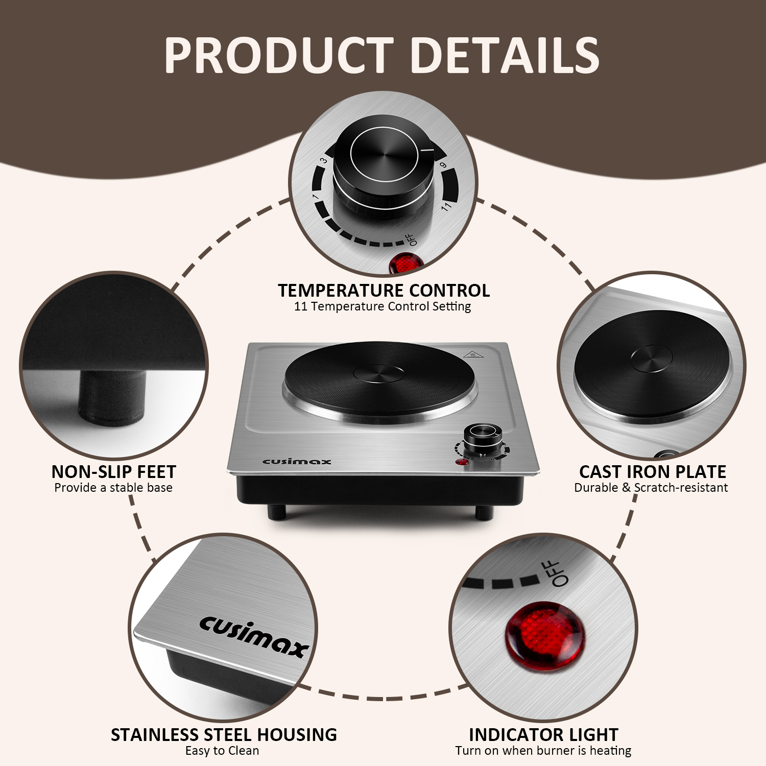 CUSIMAX 1500W Electric Hot Plate – Portable Single Burner with Stainless Steel Surface, Easy-to-Clean Design – Ideal for Countertop Cooking, Indoor & Outdoor Use