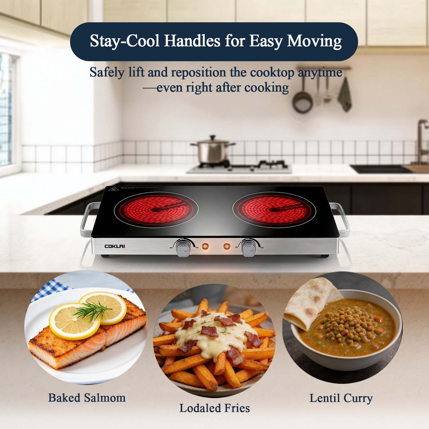 SP COKLAI Double Burner Infrared Glass Electric Hot Plate, Portable Cooktop with Adjustable Temperature, Easy-Clean Surface for Kitchen, Dorm, RV & Camping