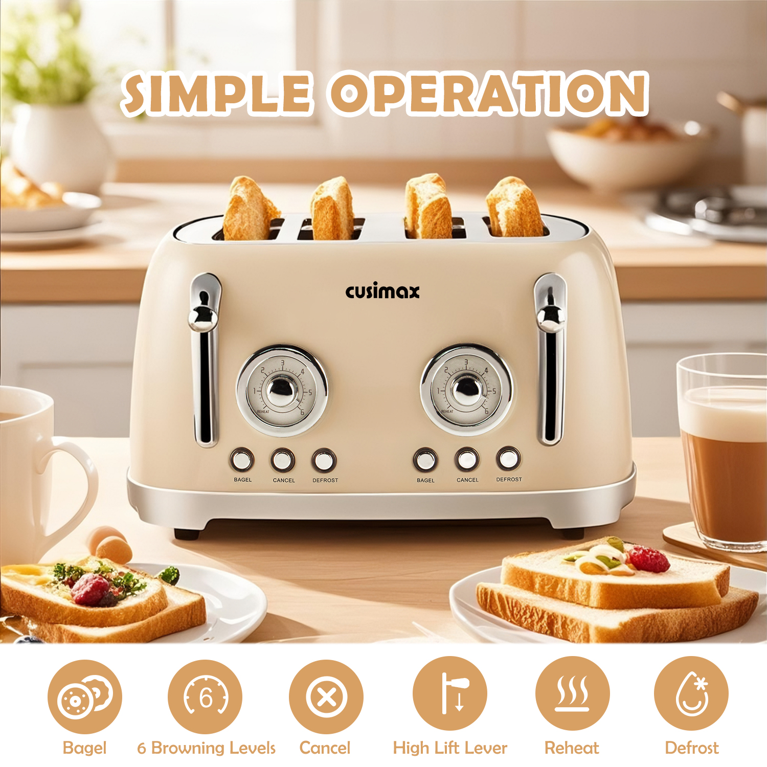 Cusimax Retro Toaster 4 Slice with Extra Wide Slots for Bagels and Waffles,6 Browning Levels and 4 Functions,Stainless Steel Toaster with Auto Shut-off and Cancel Button,Removable Crumb Tray
