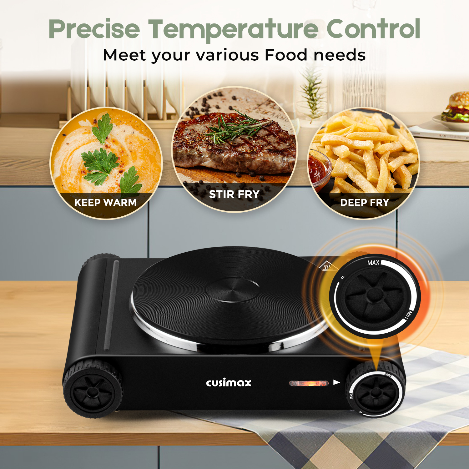 Cusimax Portable Electric Hot Plate for Cooking,1500W Countertop Single Burner, Cast Iron Stove, Concealed Handle, Temperature Controls, Compatible for All Cookwares