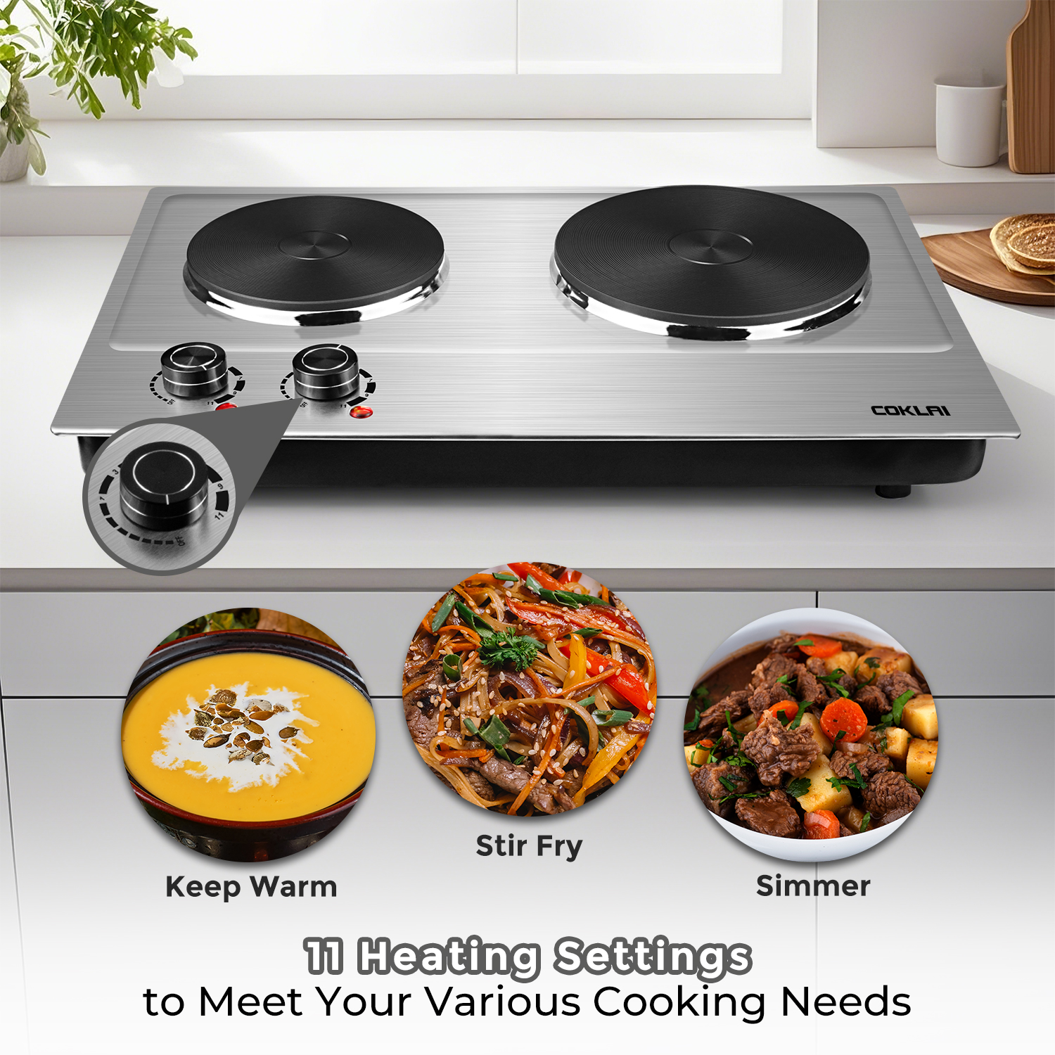 SP Coklai 1800W Portable Double Burner Hot Plate – Stainless Steel Countertop Electric Cooktop with Dual Cast Iron Heating Plates, Easy-to-Clean Silver Design, 2026 Version