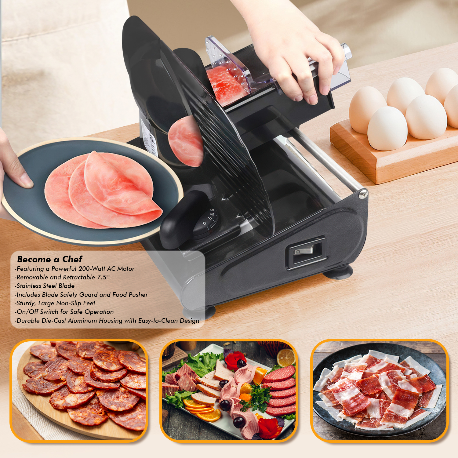 Cusimax 7.5 Inch Black Electric Deli Food Slicer(One Blade)