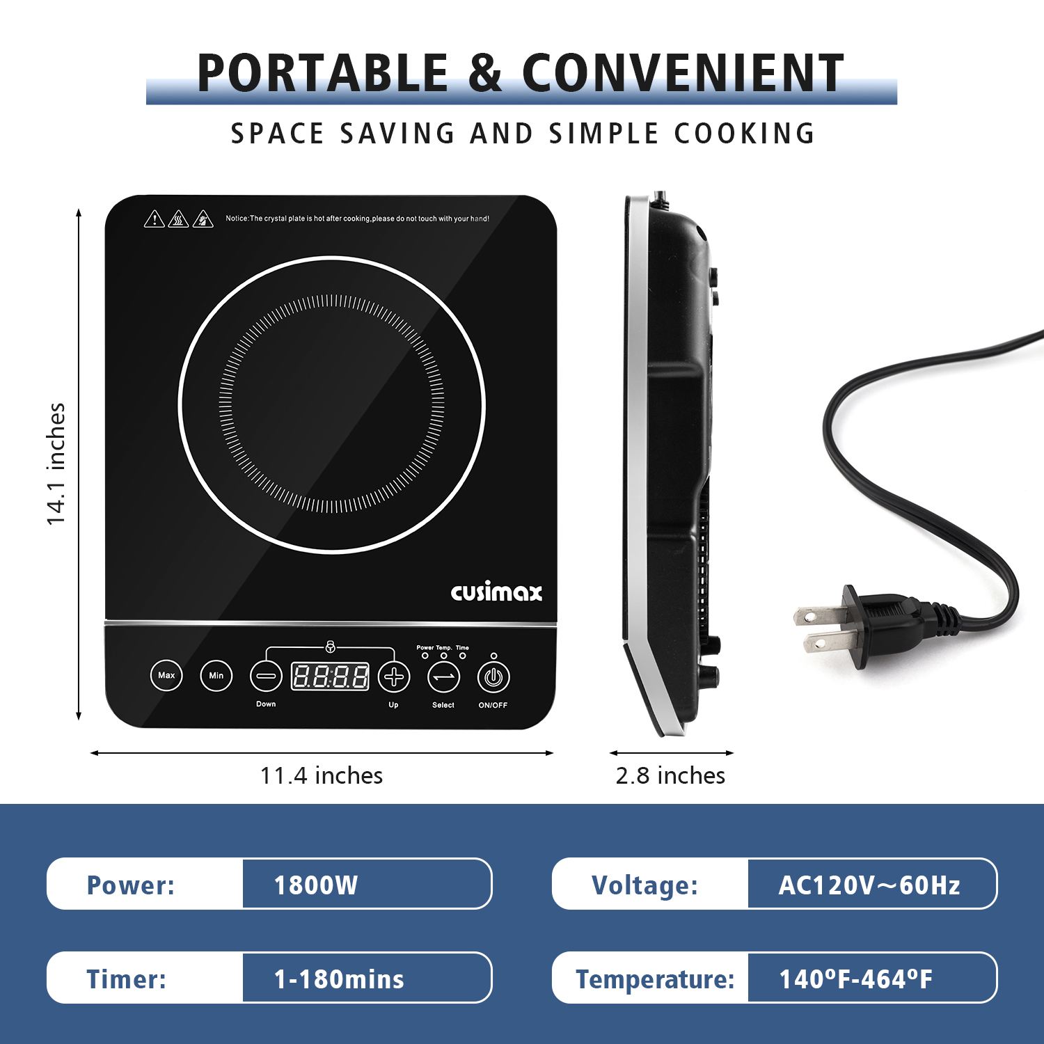 Cusimax Portable Induction Cooktop,Induction Hot Plate With Sensor Touch,10 Temperature and 9 Power Setting, Kids Safety Lock for Cast Iron, Stainless Steel Cookware