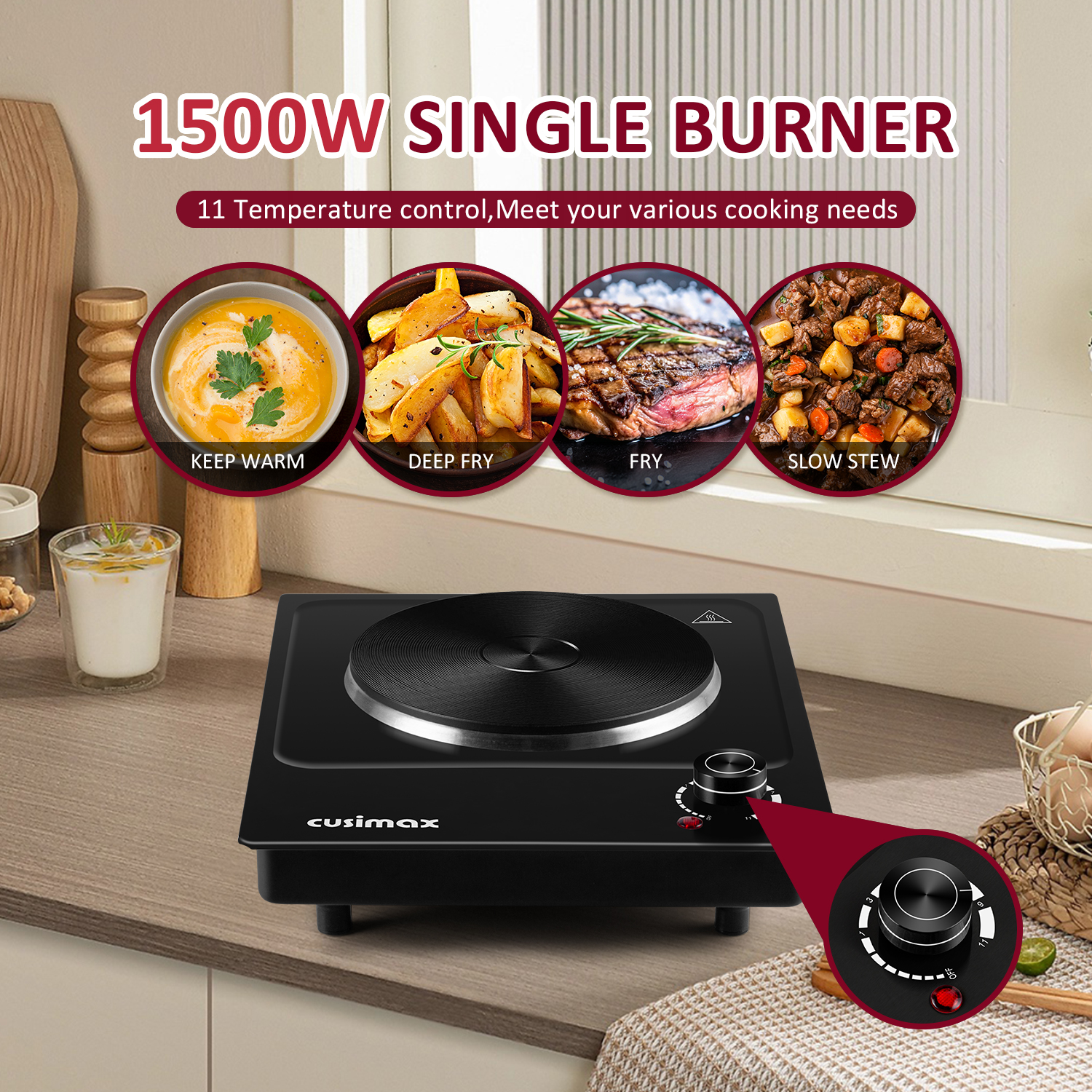 CUSIMAX 1500W Electric Hot Plate – Portable Single Burner with Stainless Steel Surface, Easy-to-Clean Design – Ideal for Countertop Cooking, Indoor & Outdoor Use