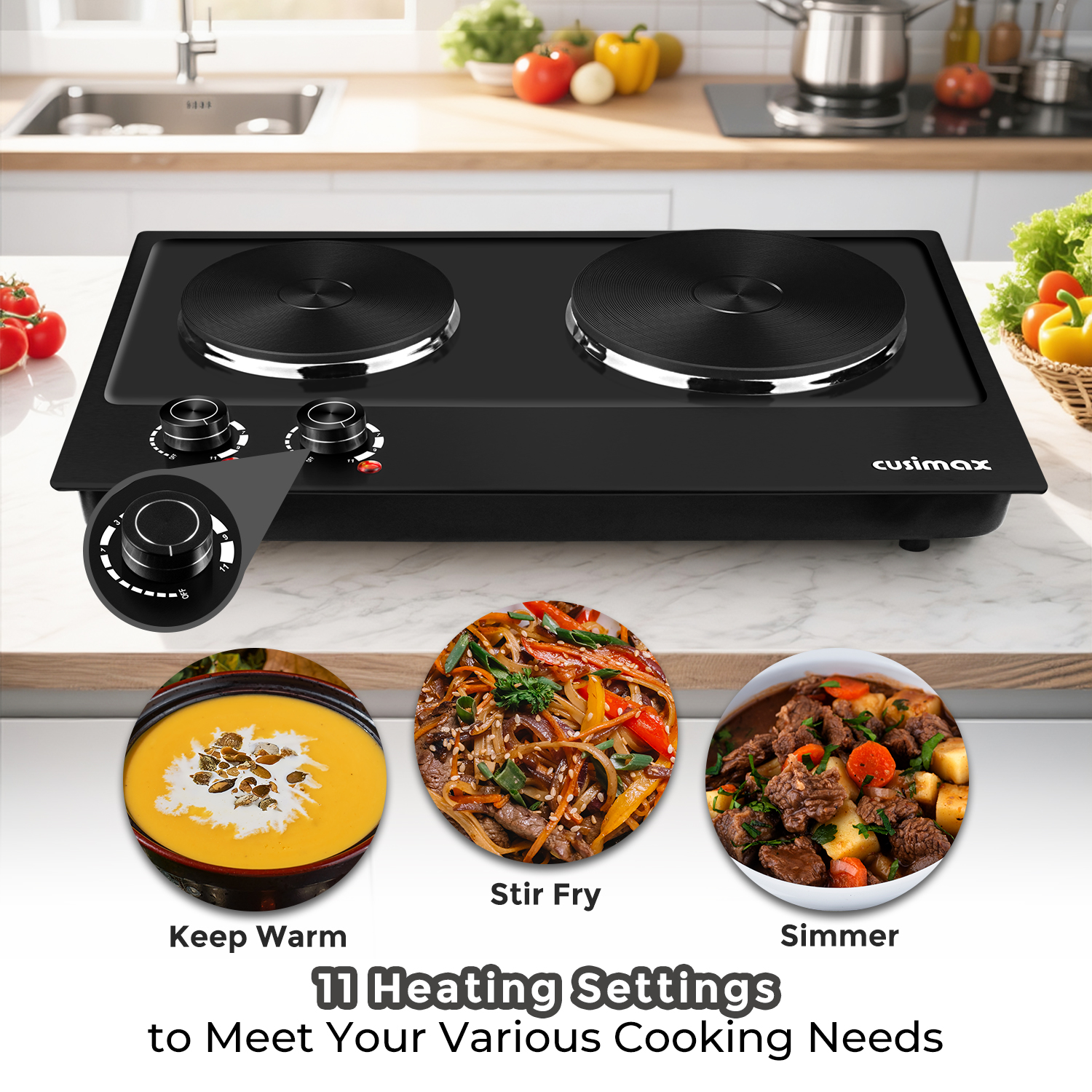 Cusimax 1800W Portable Double Hot Plate,Stainless Steel Countertop Cooktop,Cast Iron Electric Double Burner,Easy To Clean
