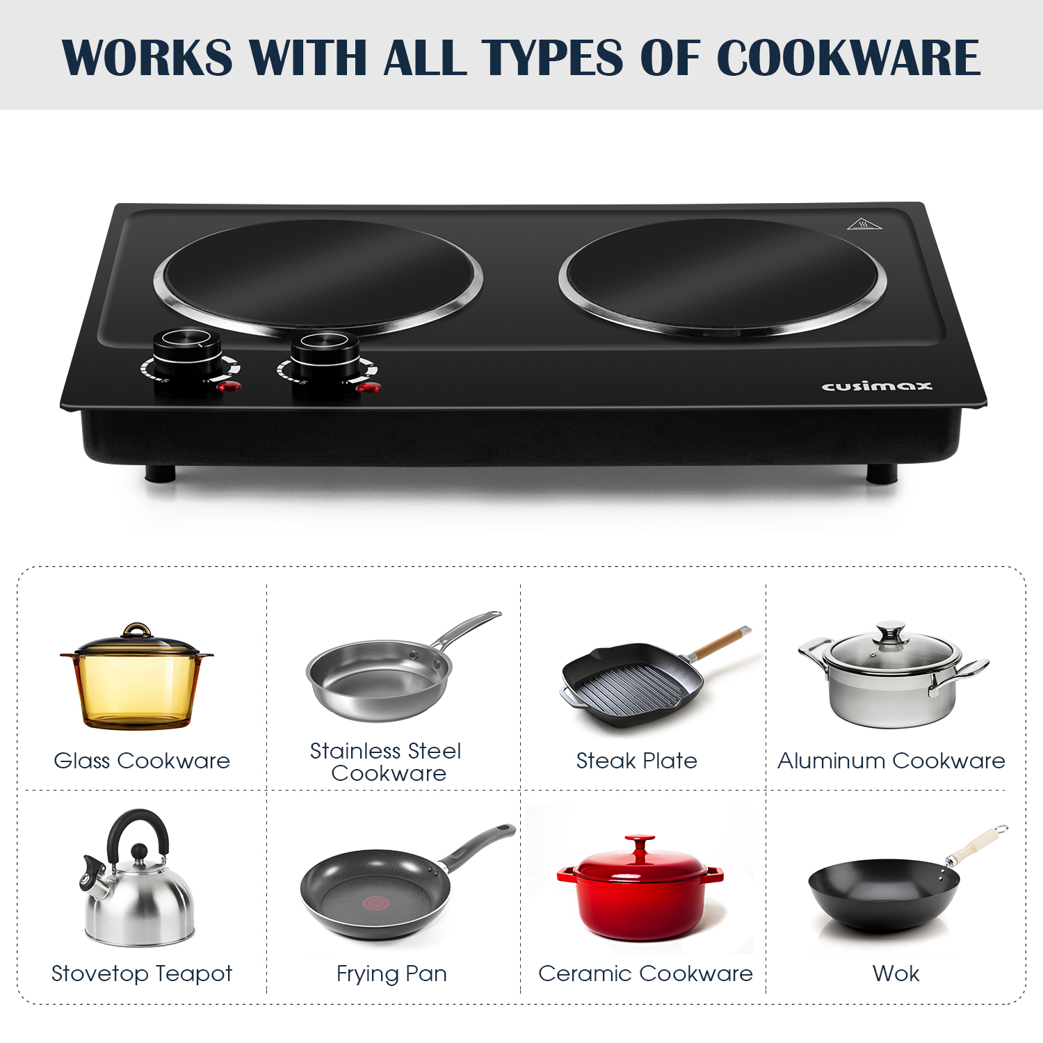 Cusimax 2400W Dual Burner - Portable Infrared Electric Hot Plate, Fast Heating Ceramic Cooktop with Dual Temperature Control, Compact Design for Versatile Cooking, Sleek Black Finish (UK)